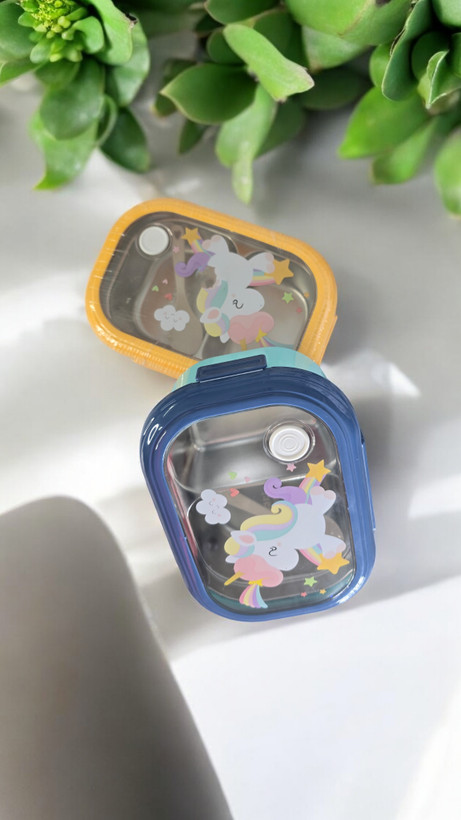 ظرف غذا استیل دو محفظه یونیکورن زرد سورمه ای